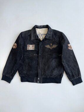 Vintage David Moore Genuine Leather Bomber Flight Jacket with Embroidered - L